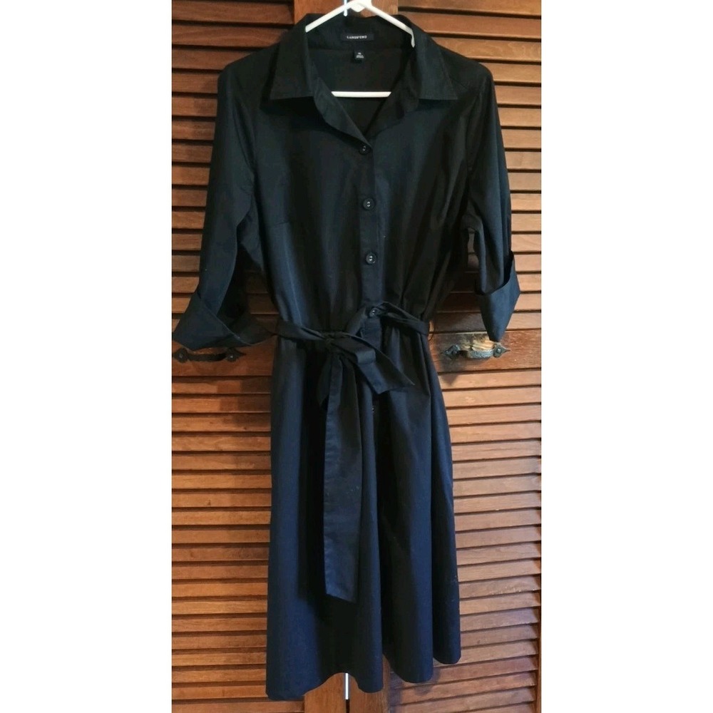 Lands End Dress Womens Sz 16 Black Collared Belted Pockets Cuffs ButtonUp Career - Picture 1 of 7